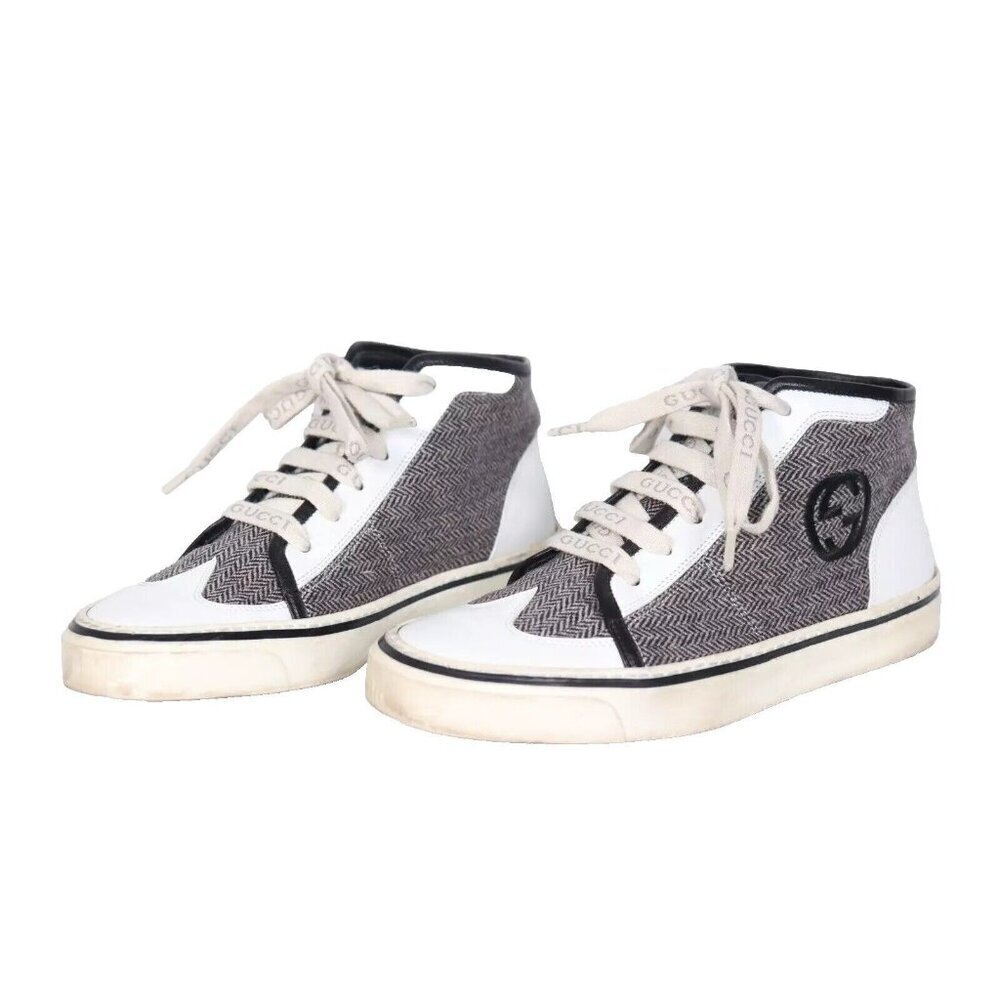 Gucci Womens Size 37.5 Black White High Top Tweed Sneakers Tom Ford 167162 Shoes